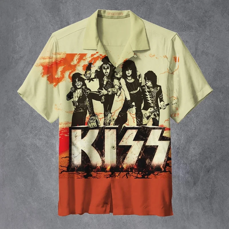 Trendy Cool Fashion KISS band Shirts Beach Party 3d Printing Hawaiian Shirt unisex Short Sleeve Oversized Blouse Lapel Shirt 3