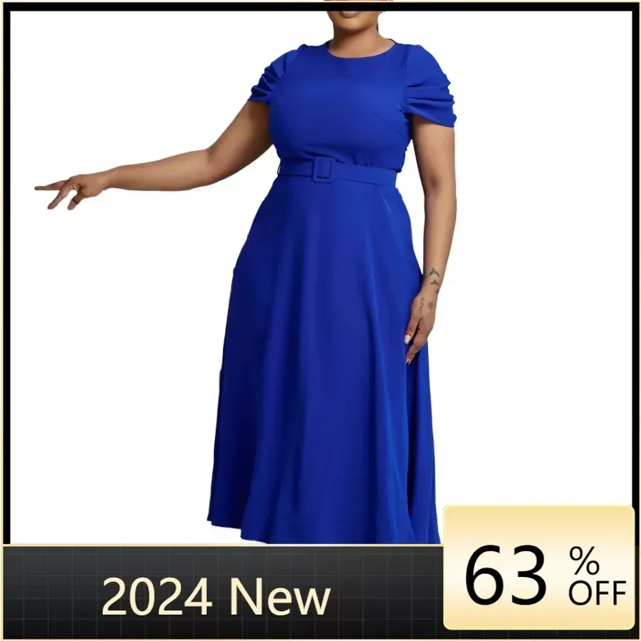 African Midi Dresses for Women Autumn Elegant African Short Sleeve O-neck Pleat Dress Dashiki Africa Clothing African Dresses