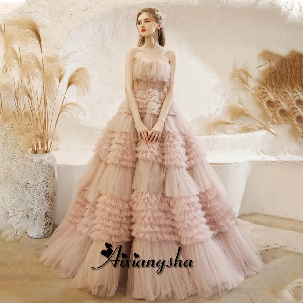 

Aixiangsha Glamorous Tiered Prom Dresses Strapless Ruffles Princess Frilled Pleat Corset Draped Vestidos de Noche Custom Made