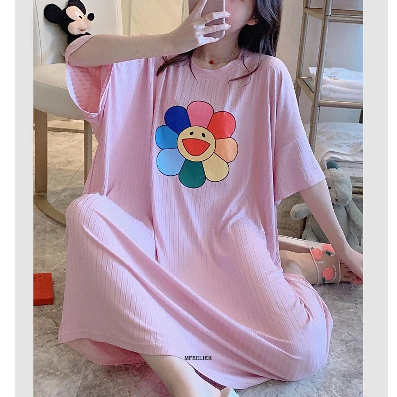 

Ночная сорочка женская тонкая с цветочным принтом, пижама для сна, ночнушка для дома, домашняя одежда, большие размеры 4XL 150 кг, на лето