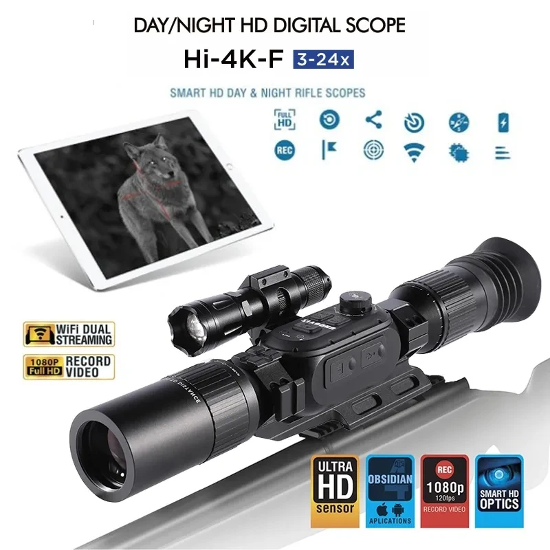 

Infrared Tactical Night Vision Riflescope, Optical Sights, Digital Zoom, Rangefinder, Hunting Telescopic for Rifle, 4K, 3-24X