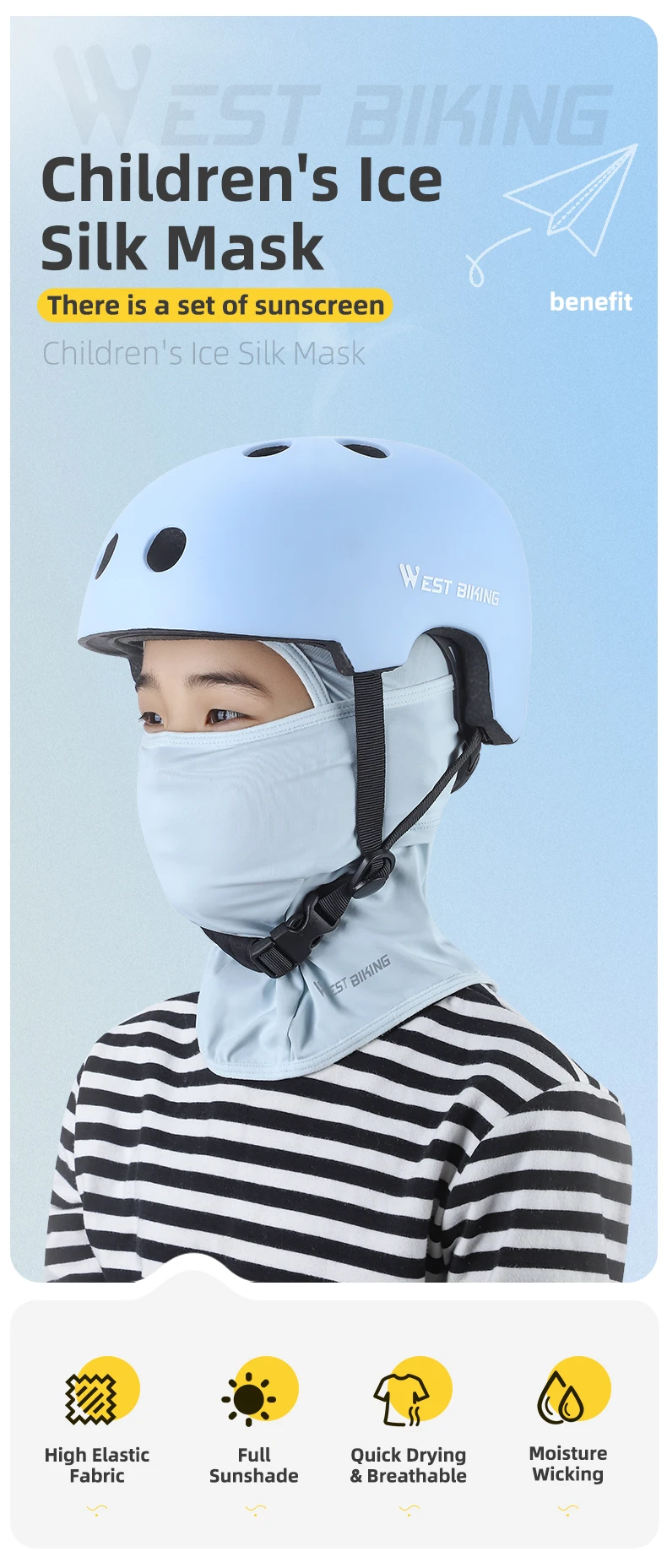  WEST BIKING Kinder-Gesichtsmaske aus Eisseide, UPF 50+, Sonnenschutz, schnell trocknend, atmungsaktiv, Sturmhaube, Kopfbedeckung für Kinder, Radfahren, Wandern – Detail 1
