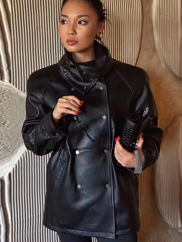 Women's Jacket Autumn 2025 New Fashion Leather Slim Jackets For Women Long Sleeve Stand Collar Coat Street Casual New Outerwear