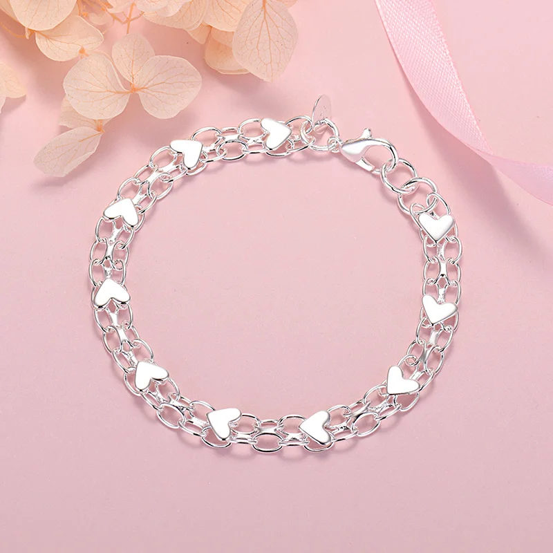 Silver Color Classic Heart Bracelets For Women Lady Fashion Designer Jewelry Wedding Party Birthday Gifts