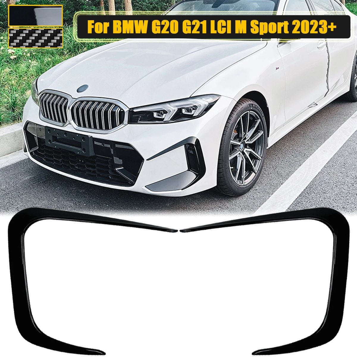 

For BMW 3 Series G20 G21 LCI M Sport 2023+ Front Bumper Splitter Canards Spoiler Fog Light Cover Trim Stickers Car Accessories