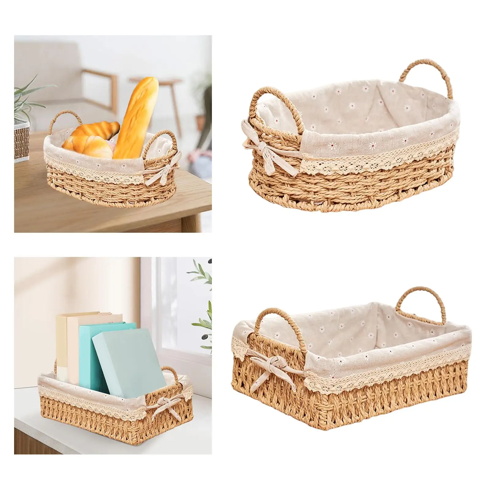 Woven Storage Baskets Kitchen Organizer Handwoven with Handles Cosmetic Box for Breakfast Fruit Bedroom Bathroom Home Decorative