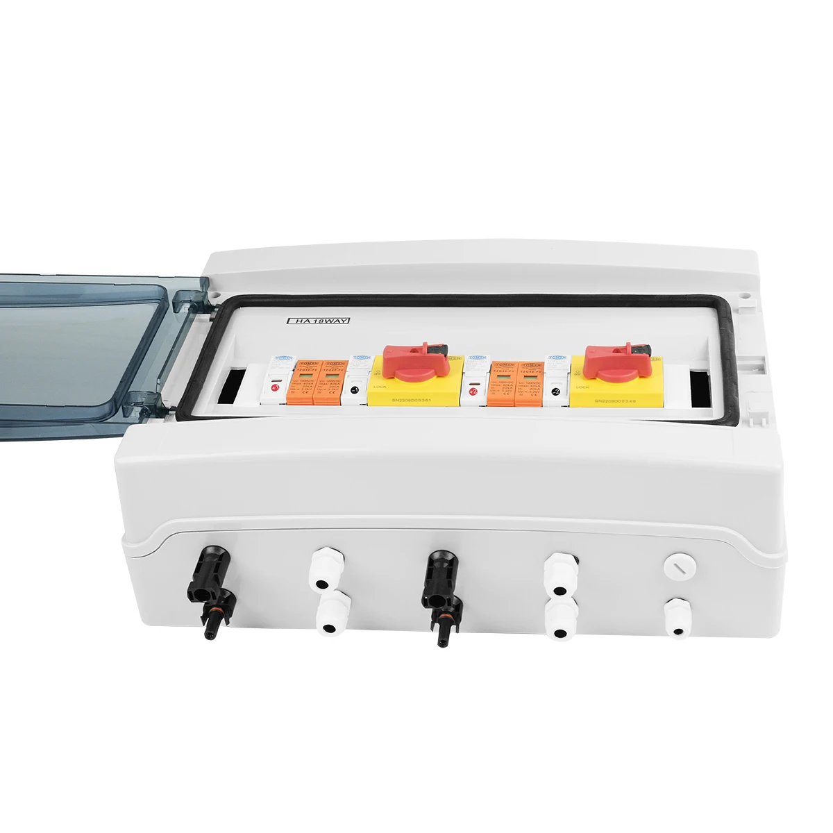 Solar photovoltaic PV Combiner Box Lightning Protection 2 input 2 out DC 1000V Fuse MCB SPD Waterproof Box IP65 18ways