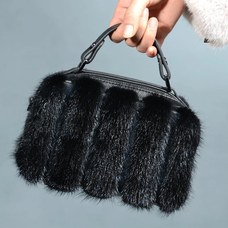 Women's New Small Square Bag Double Zipper Fashion Real Mink Hair Shoulder Bag High-end Banquet Elegant Leather Clutch Bag