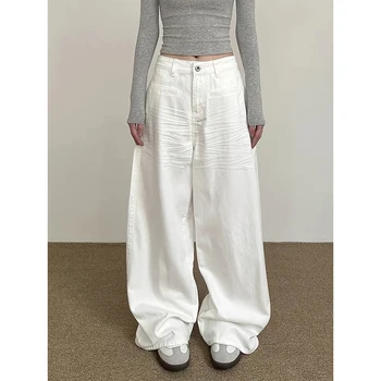 2025 Autunno Donna Jeans a vita alta Baggy Casual Vintage Y2K 2000s Pantaloni dritti bianchi Street American Pantaloni in denim a gamba larga 1