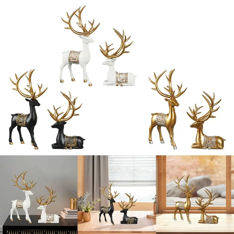 

2x Elk Resin Statue Reindeer Sculpture Collectable Craft Deer Figurine Animal Figure for Party Desktop Housewarming Birthday