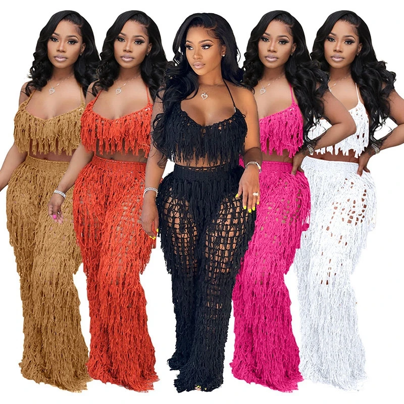 Knit Rib Tassel 2 Piece Set Summer Beach Wear Sexy Fishnet Halter Lace Up Crop Top + Pants See Through Tracksuit Women Outfits