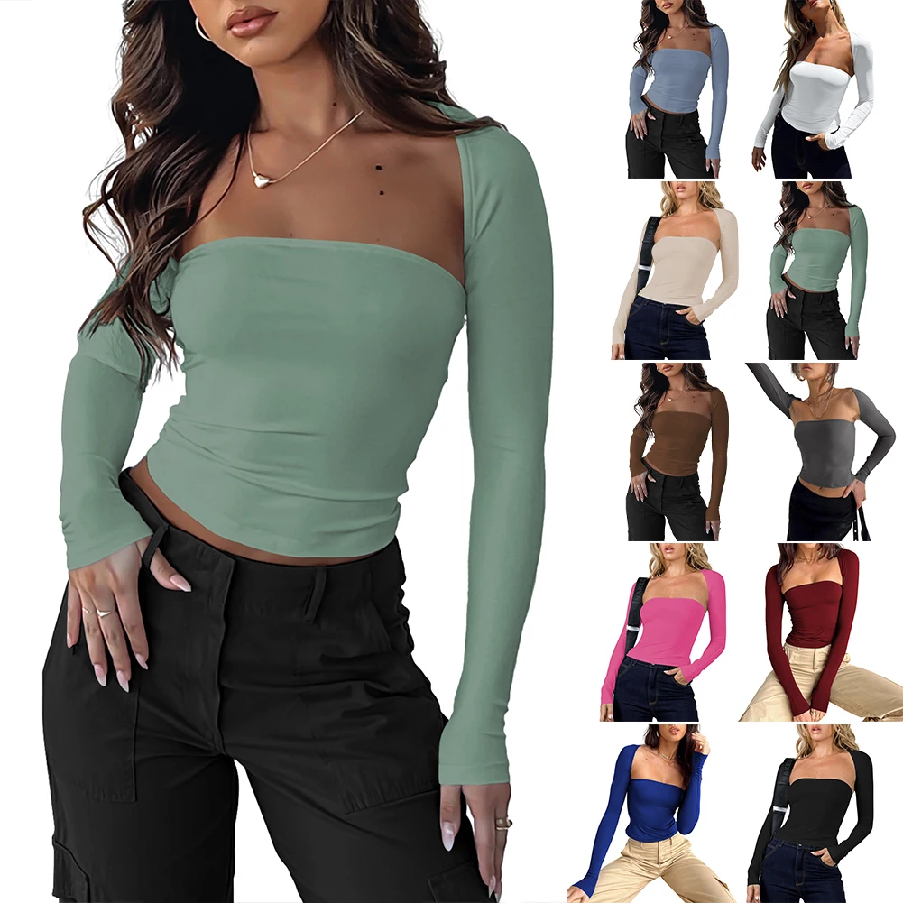 Summer Tube Tops Long Sleeves Cover Up Set Slim Fit Strapless Crop Tube Tops Long Sleeves Cover Up For Yoga