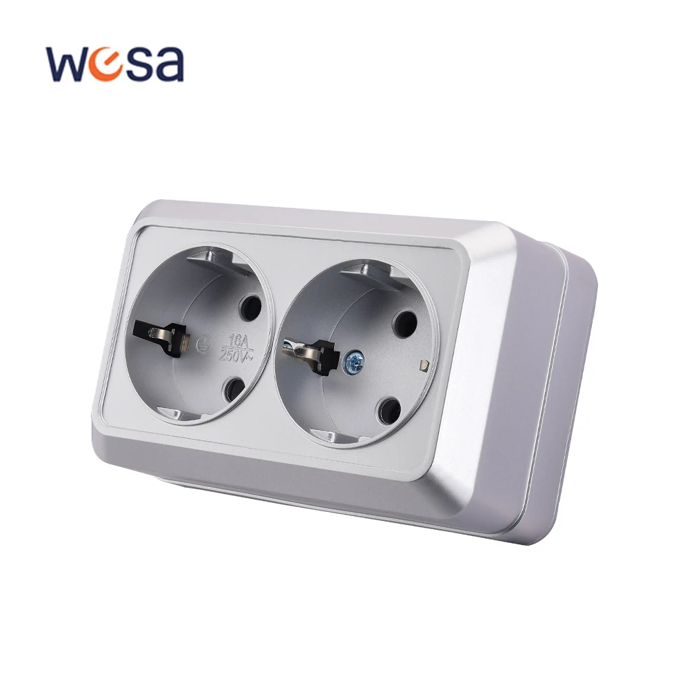 WESA สีเงินพื้นผิวผนัง 2 ปลั๊กปลั๊ก EU ภายนอกปลั๊กไฟฟ้าพร้อม Ground Outdoor Power Socket สารหน่วงไฟสี 1