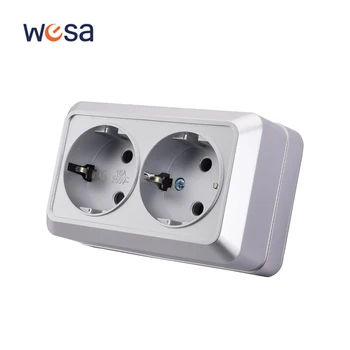 WESA สีเงินพื้นผิวผนัง 2 ปลั๊กปลั๊ก EU ภายนอกปลั๊กไฟฟ้าพร้อม Ground Outdoor Power Socket สารหน่วงไฟสี 1