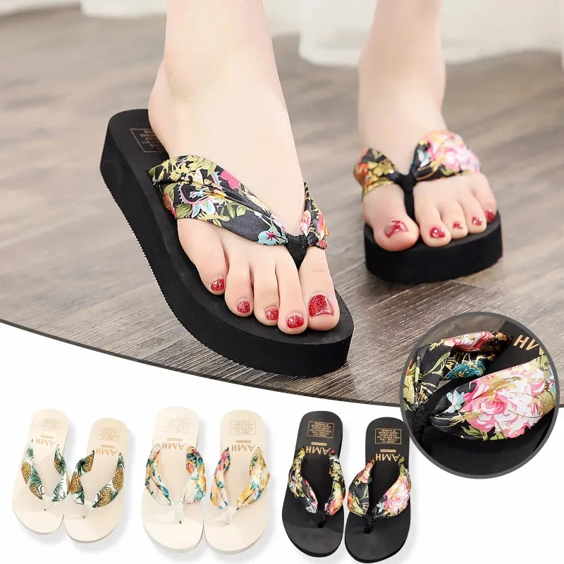 2024 Summer Floral Printing Slippers Women Bohemian Satin Strap Platform Wedge Flip Flops Outdoor Thick Bottom Beach Shoes
