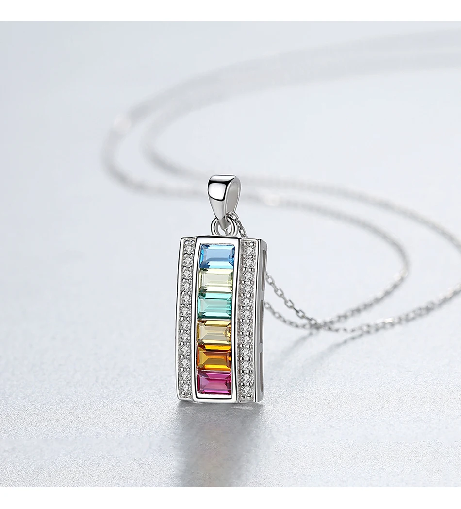 Colliers avec pendentif en argent Sterling avec topaze carrée colorée pour femmes, pierres précieuses artificielles arc-en-ciel, fines pour la mariée_voghion.com