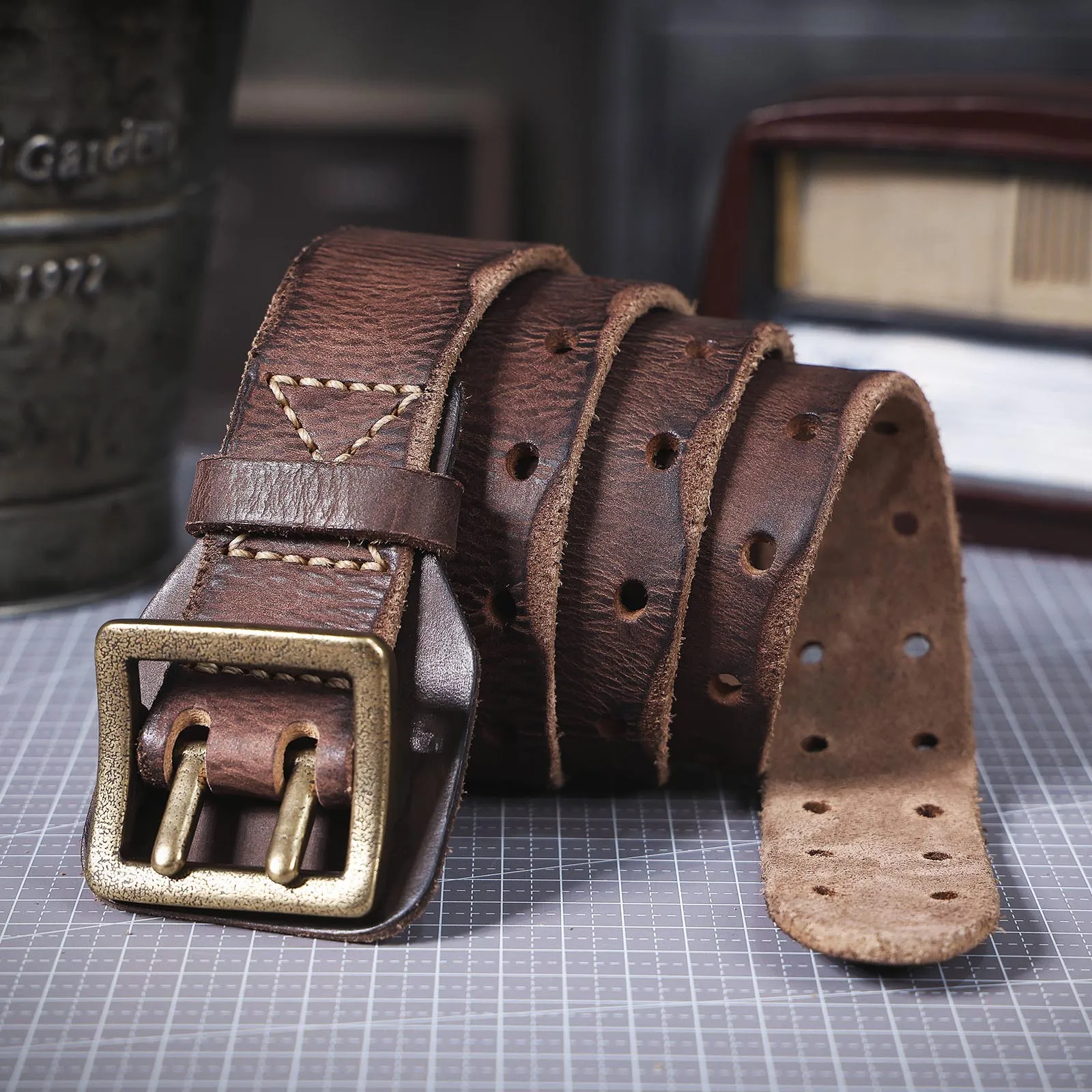 Rustic Handmade Leather Belt with Copper-Gold Buckle and studs, Unisex, 39/1.75” 2024-06-02T021646.  main image 4
