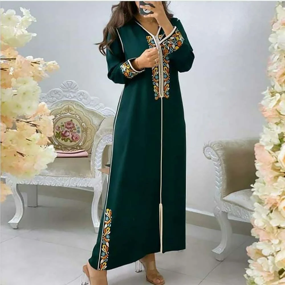 Caftano abiti donna verde Dubai Abaya ricamo elegante manica lunga abiti  musulmano Islam turchia Jellaba abito lungo marocchino 2022| | - AliExpress