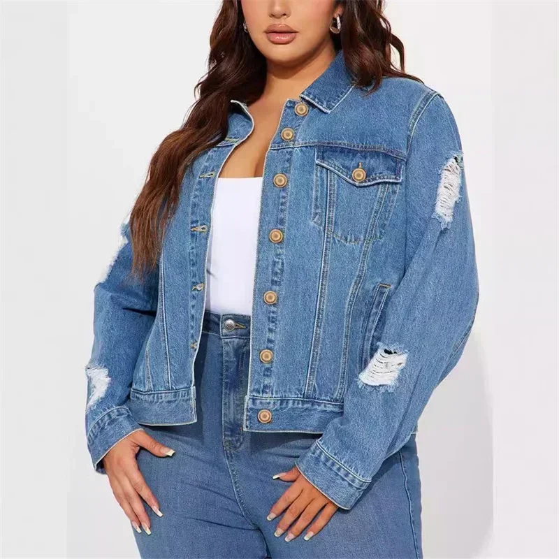 Women Fashion Broken Holes Denim Jacket Casual Vintage Single-breasted Cardigan Coat Autumn Winter Daily Casual Female Outerwear - Image 5