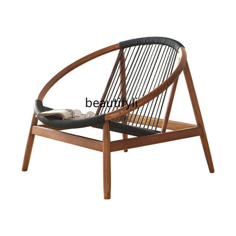 

Nordic Solid Wood Sofa Chair Japanese-Style Hemp Rope Balcony Simple Modern Leisure Chair Single Recliner