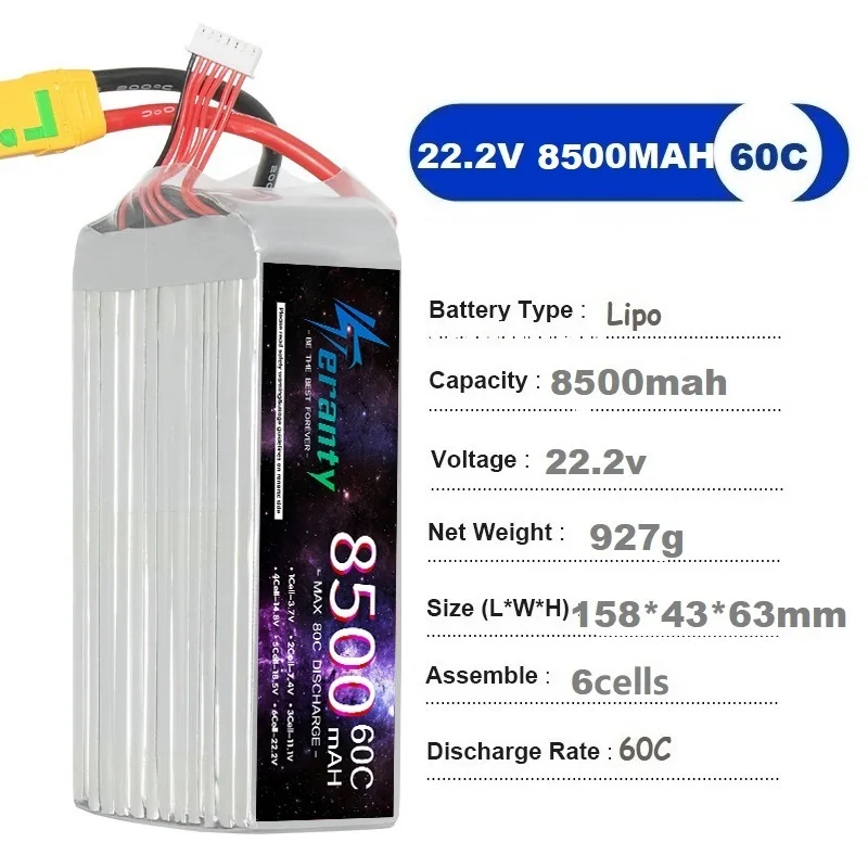 TERANTY 6S 22.2V 8500mAh 60C Lipo Battery RC Quadcopter Helicopter FPV Drone RC Car Boat Model Part With T XT60 XT90s Anti Spark 2