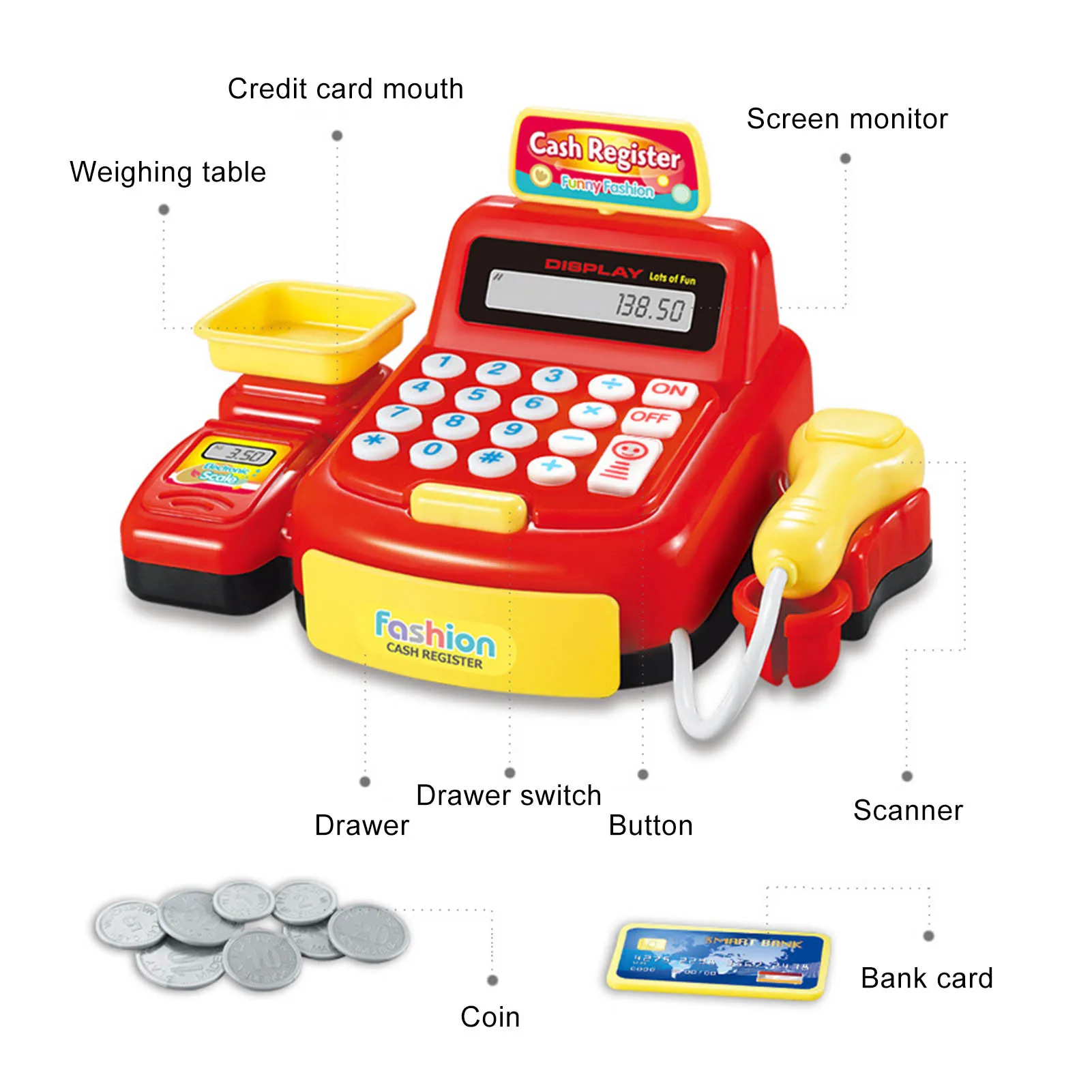 Children Mini Cash Register Toy Cash Register Simulation Coin Set for Over 3 Year Old Kids Birthday Gift