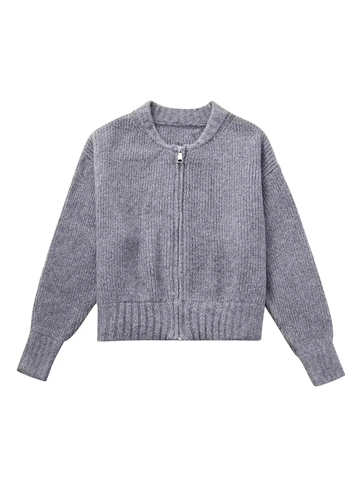 

Women Casual O-Neck Long Sleeve Autumn Knitted Gray Elastic Short Cardigans Outwear Girls Zipper Fly 2023 New Solid Sweaters