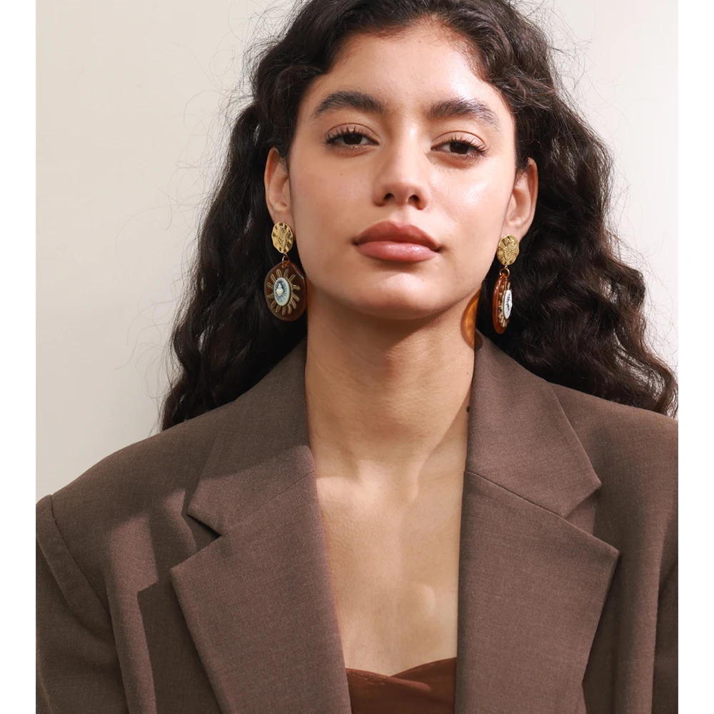 Yhpup Amber Resin Round Sun Pendant Drop Earrings