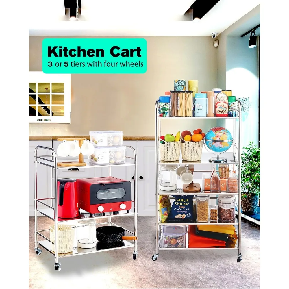 Stainless Steel Cart with Wheels 3 Tier,Stainless Steel Kitchen Cart,Stainless Steel Utility Cart,Metal Cart with Wheels 2