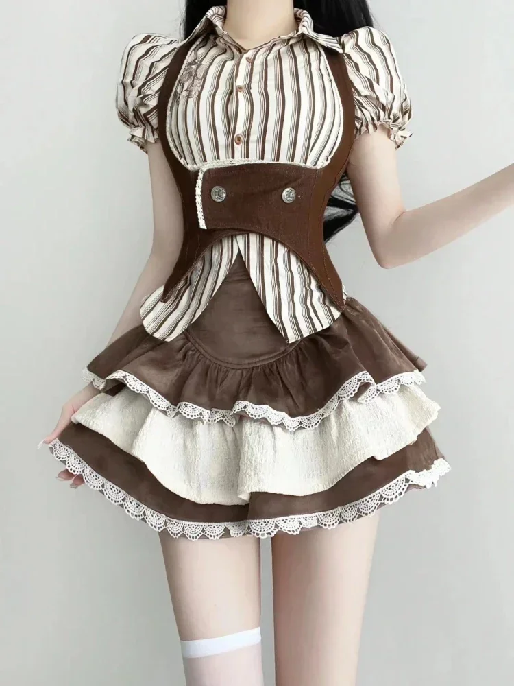 

Fashion Vintage Y2k 3 Piece Sets 2024 Summer Striped Shirt Slim Vest High Waist Lace Mini Skirt Lolita Japanese Suit Woman Chic
