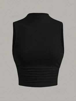 Casual Mock Neck Sleeveless Tank Top for Women Summer Sexy Solid Color Slim Fit Stand Collar Crop Top Streetwear 2024 1