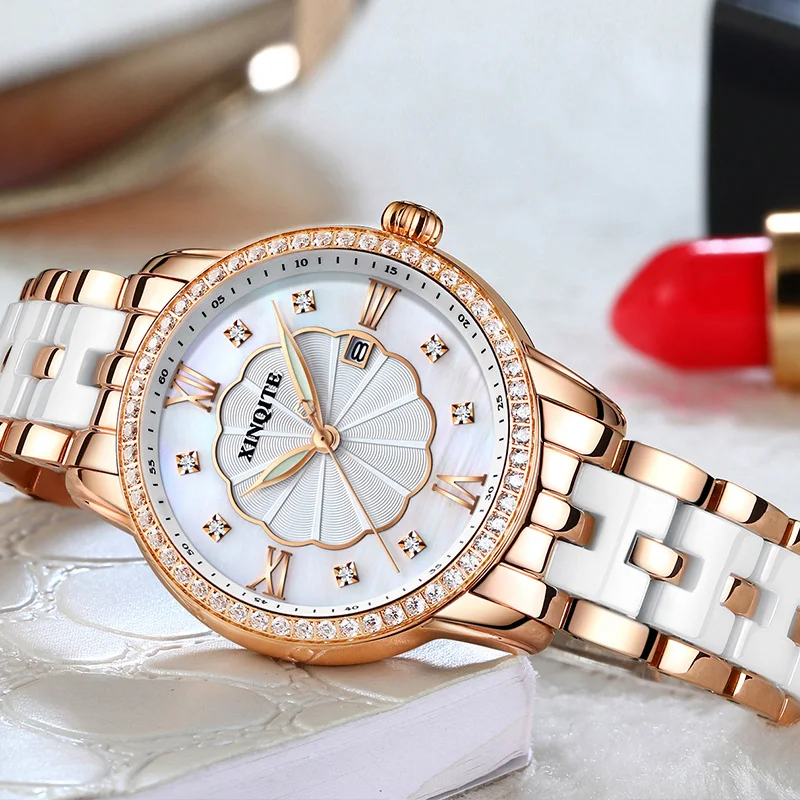 Dress Quartz Women Watch Luxury Stainless Steel Rose Gold Case Diamond Girls Watches White Ceramic Strap Elegent Lady Watch