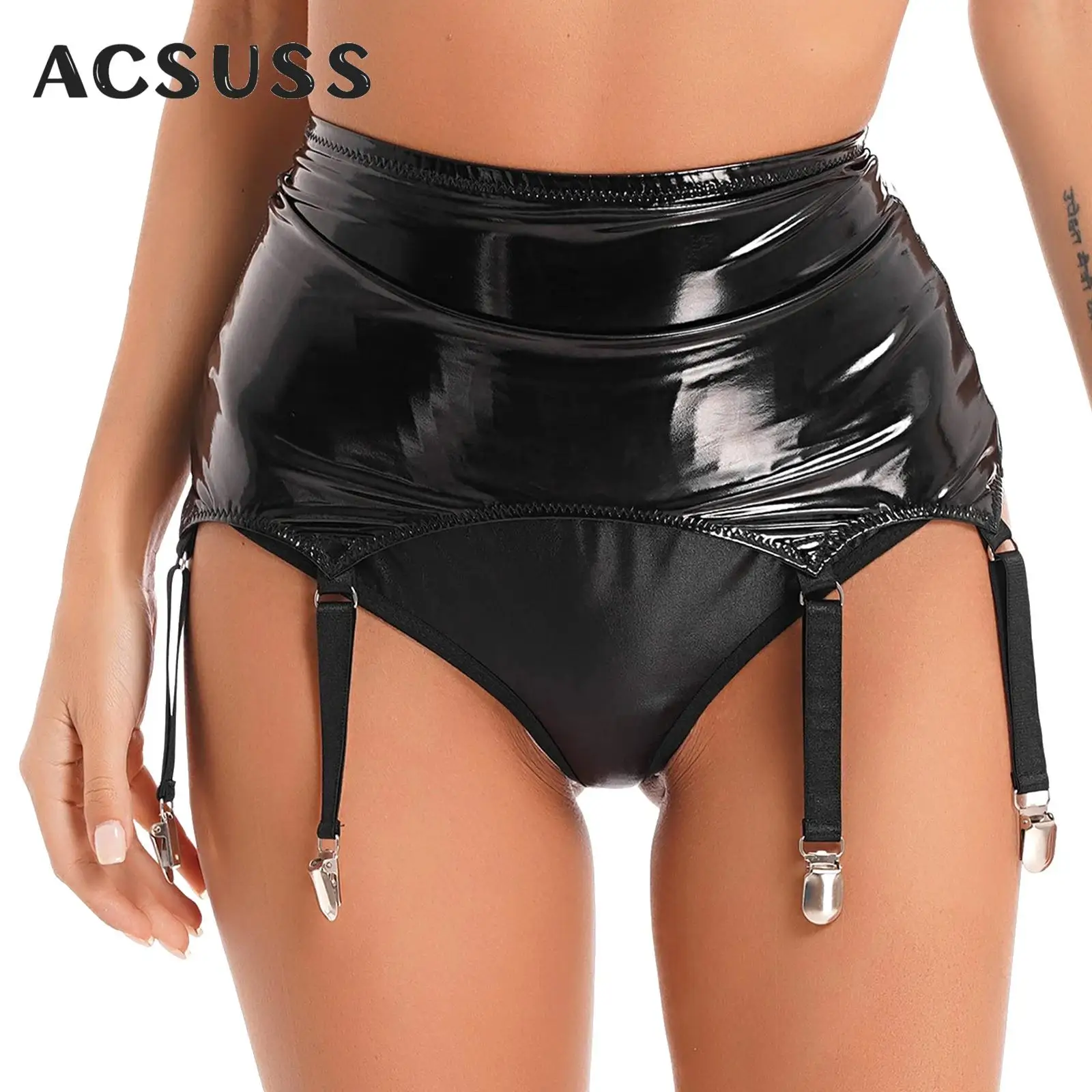 

Womens Patent Leather Garters with Metal Clips Lingerie Garter Belt Suspender Set Nightwear Club Party Stage Performance Costume