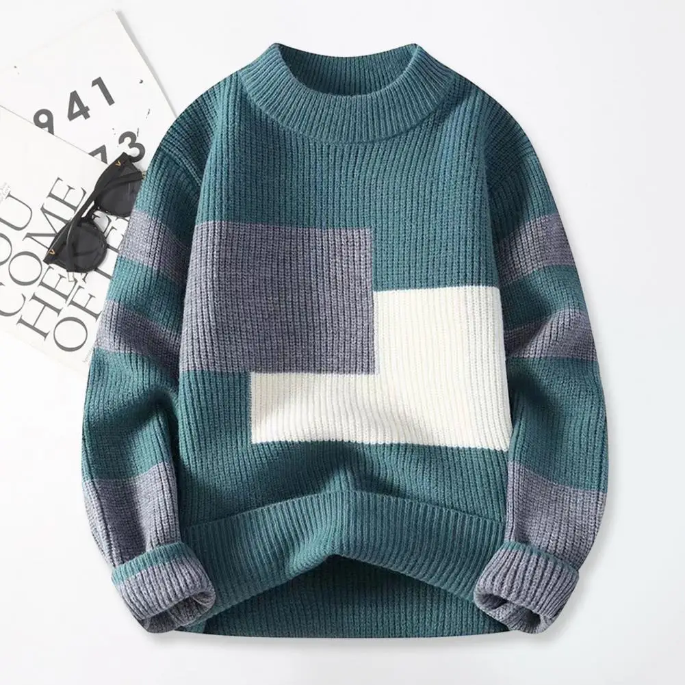 

Свитер цветной вязаный мужской, толстый теплый пуловер с круглым вырезом и длинными рукавами, мягкий свитер контрастных цветов для осени и зимы