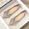 Woman Fashion Bow Rhinestone Flat Single Shoes Apricot Pointed Shallow Mouth Single Shoes 2025 Spring Ladies Diamond Single Shoe 1