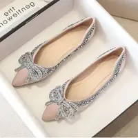 Woman Fashion Bow Rhinestone Flat Single Shoes Apricot Pointed Shallow Mouth Single Shoes 2025 Spring Ladies Diamond Single Shoe 1
