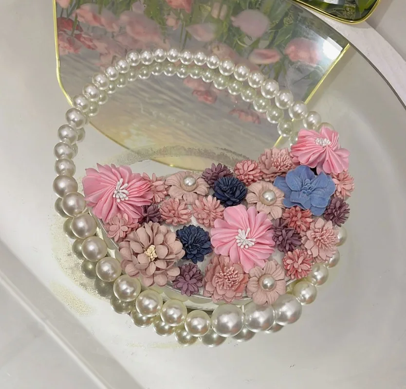 New luxury fashion girl bag French fairy dinner bags Pearl studded flowers Women's bag underarm handbag