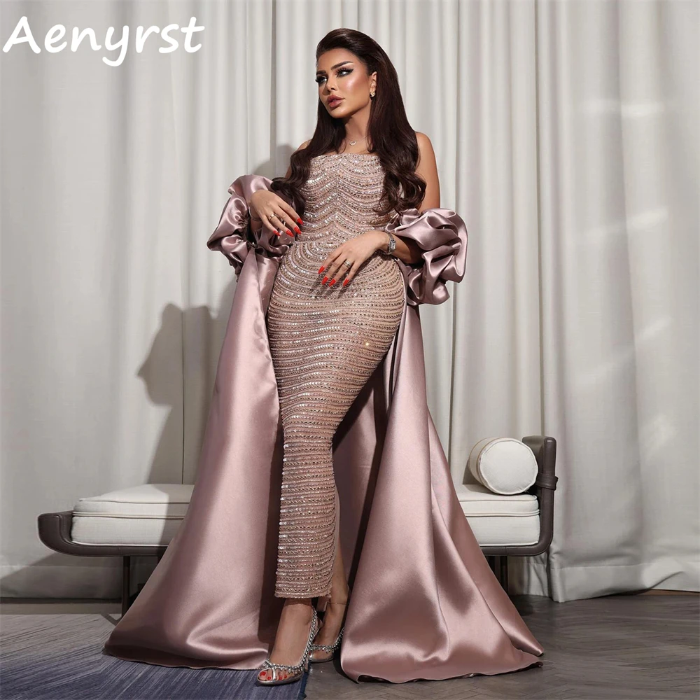 

Aenyrst Luxury Strapless Sequined Saudi Prom Dresses Mermaid With Cape Bodycon Evening Gowns Ankle Length Formal Party Dress