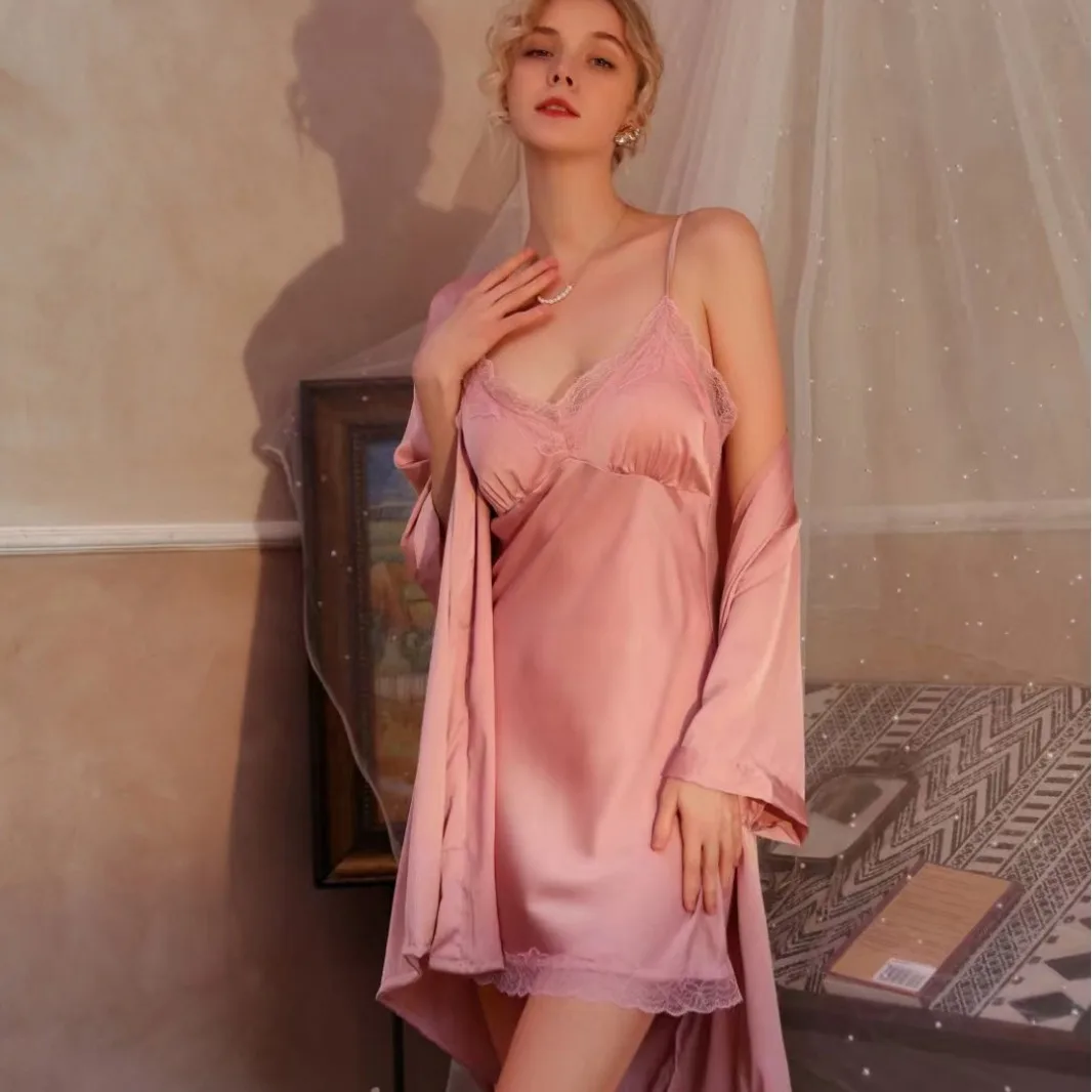 2024 New Pajamas Women's Ice Silk Pajama Skirt European and American Style Hanging Dress Pajama with Chest Cushion Home Fury