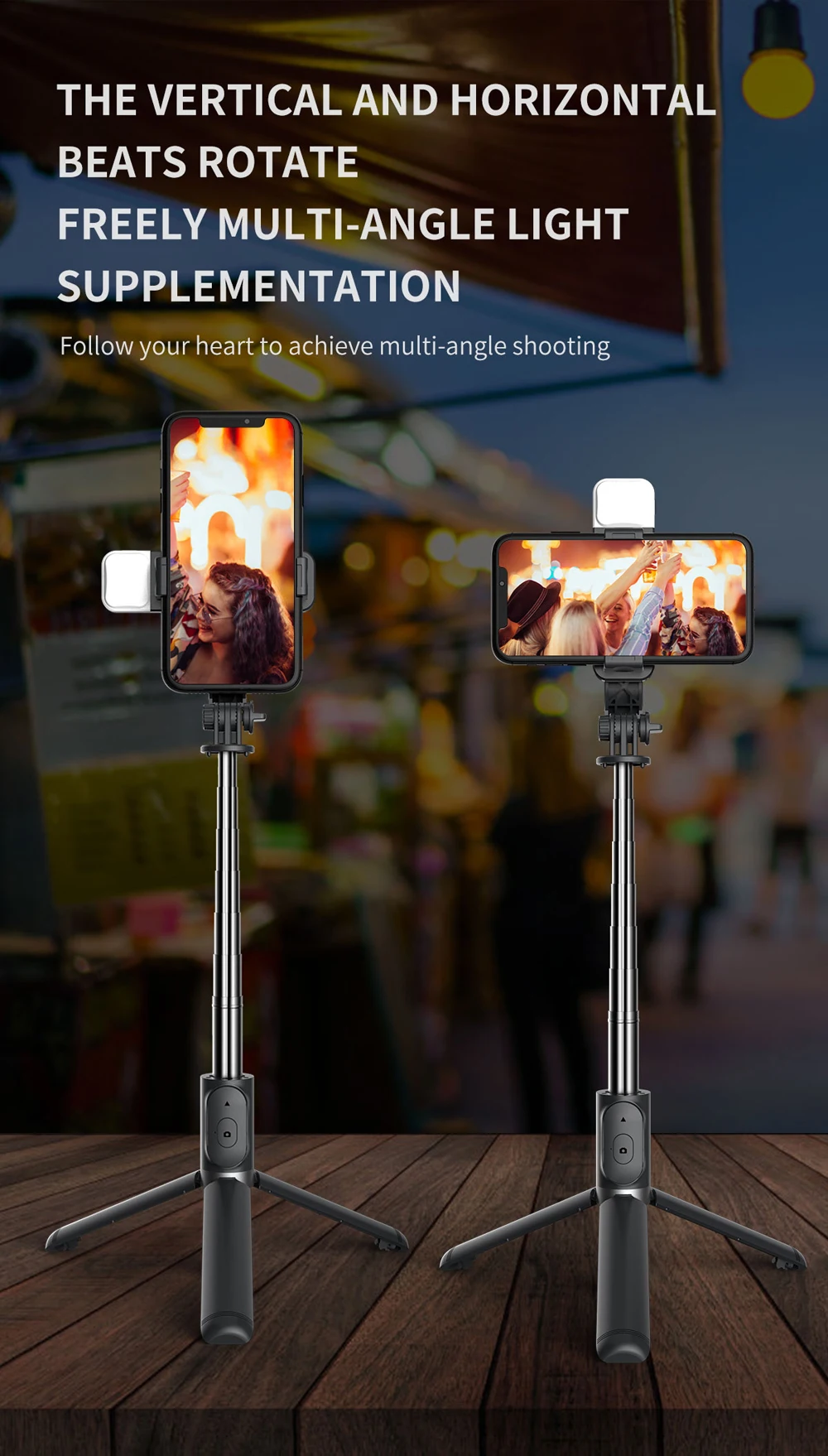 Wireless Bluetooth Selfie Stick Tripod for iPhone Android Smartphone with Remote LED Light