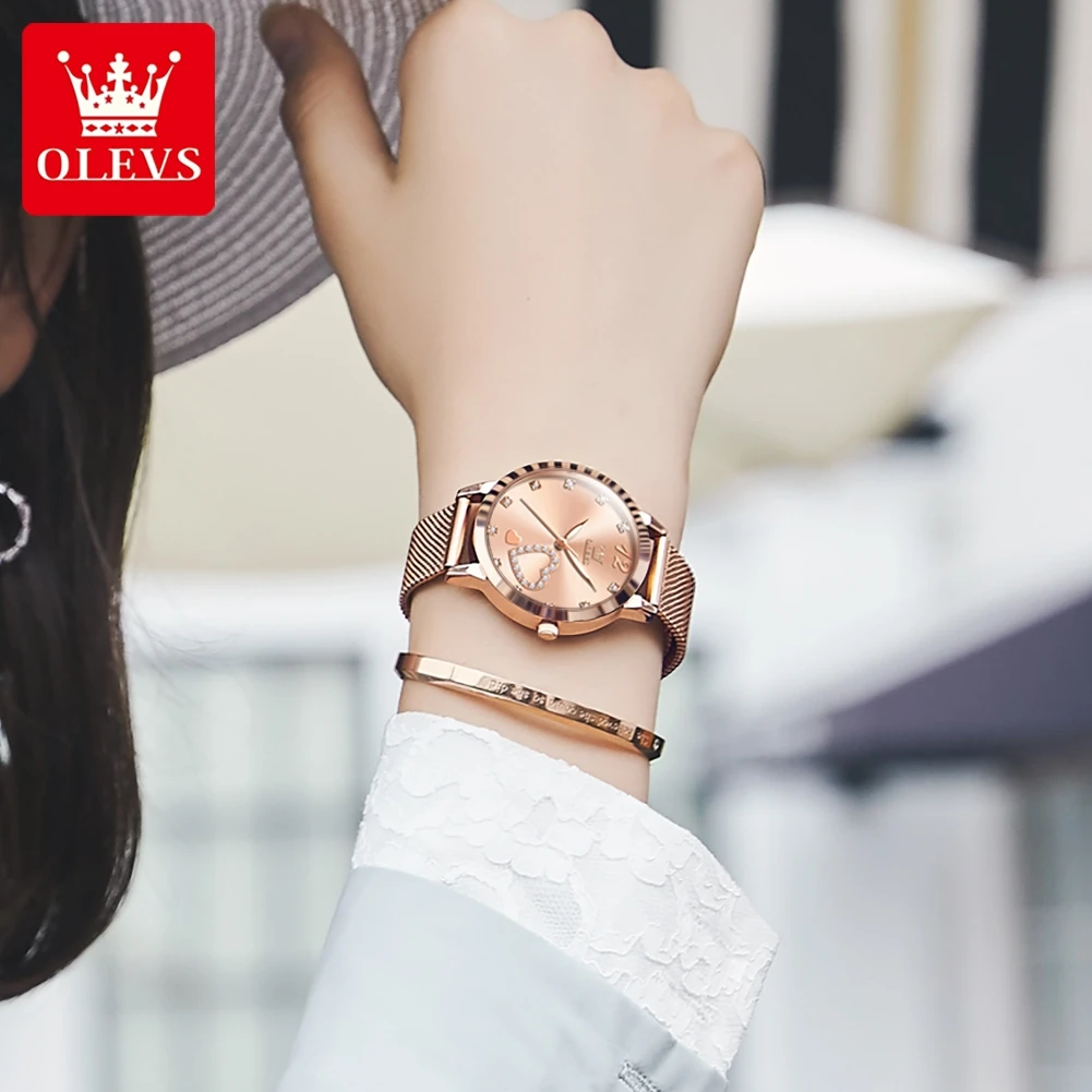 OLEVS 5189 Watch For Women Milanese Steel Strap 30M Waterproof Quartz Woman Watch Diamond Scale Heart Shape Ladies Wristwatch