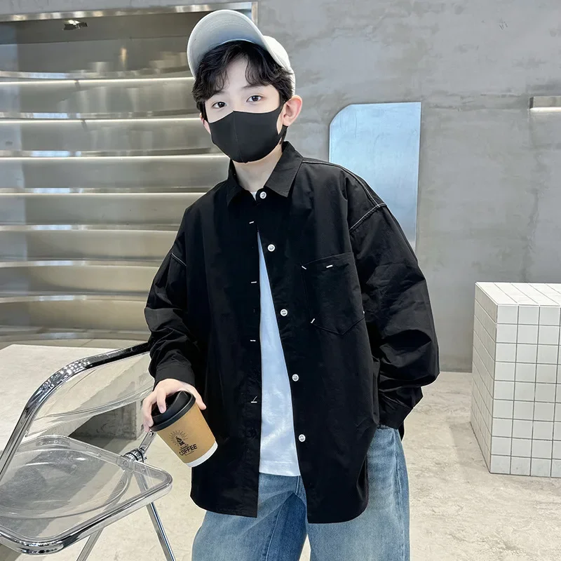 Boys Pure Color Spring Autumn Shirt Trendy Medium And Large Children's Clothing White Shirt Knot Design Male Kids Fashionable