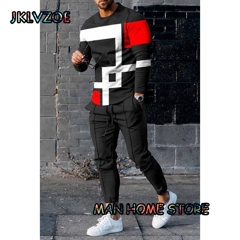 Men Spring Tracksuit Short Sleeve T Shirt+Long Pants 2 Piece Set Outfit Workout Clothes Jogger Sportswear Print Trousers Suit