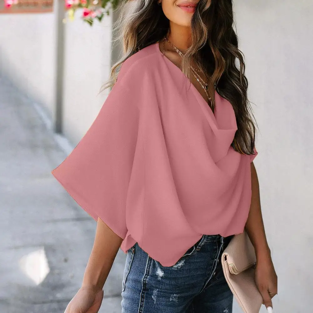 

Women's Fashion Casual Chiffon Tops V-neck Solid Color Ladies Sexy Long Sleeve Shirt Loose Tops T Shirt Blouse