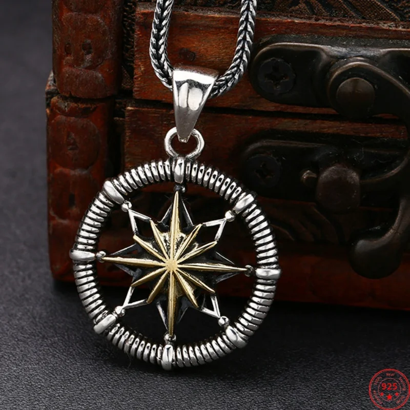

S925 Sterling Silver Charms Pendants for Women Men New Fashion Hollow Mariner's Compass Solar Ray Punk Jewelry Free Shipping
