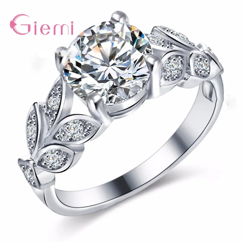 925 Sterling Silver Rings Vine Leaf Design Engagement Cubic Zircon