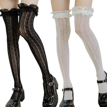 Calzini alti alla coscia da donna Lolita a rete stile giapponese cuore a righe in pizzo fantasia sopra il ginocchio calze lunghe con volant increspato Kawaii