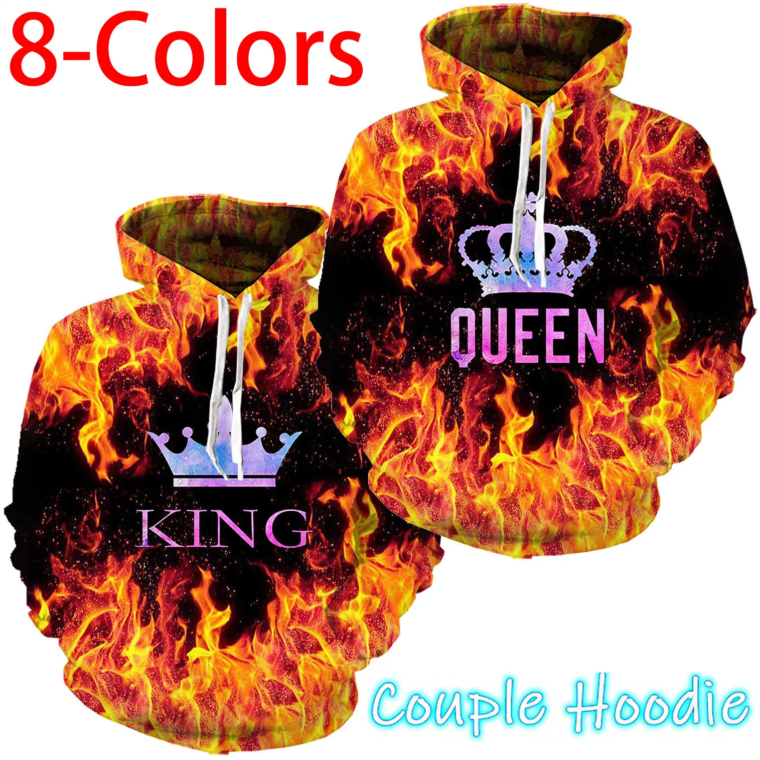 

2023 Newest Fashion 3D Flame Couple King &Queen Hoodies Man Women Matching Casual Pullover Sweatshirt Long-sleeved Sweater