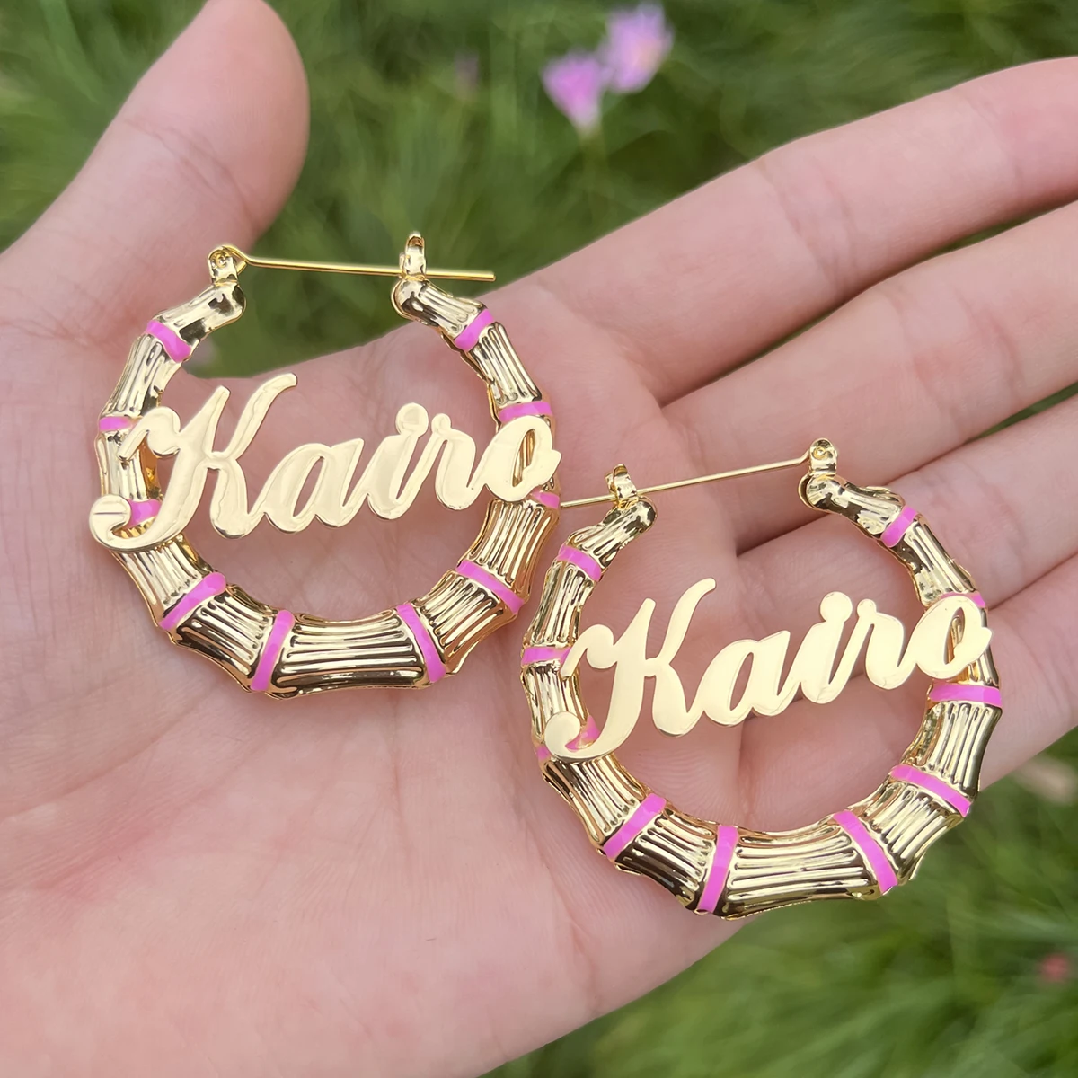 Personalize Colorful Bamboo Hoop Earring Custom Enamel Colorful Gold Plated Name Earring Sexy Style Hoop Earrings For Women Gift