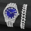 2PCS Luxury Rhinestone Men Watches Fashion Stainless Steel Band Male's Analog Quartz Watch Bracelet Set Relogios Masculino 2